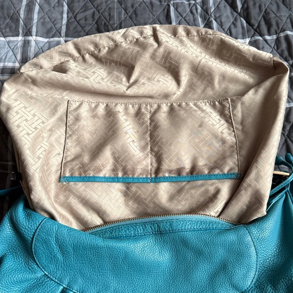Cole Haan Rouched Large Hobo Turquoise Peacock Blue Pebbled Leather